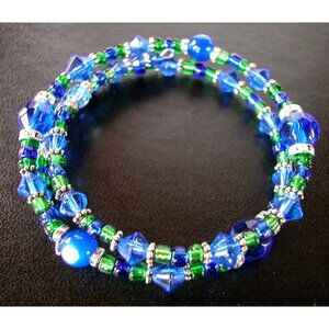 Blue & Green Glass Crystal Beaded Coil Bracelet